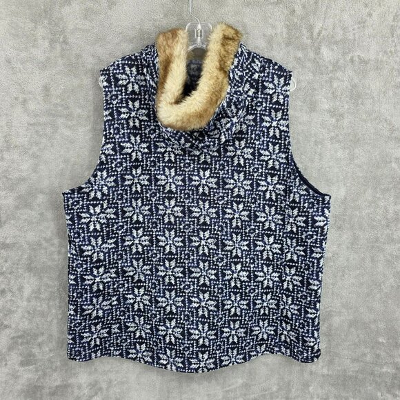 Talbots Hooded Vest 2X Blue White Snowflake Fair Isle Pockets Faux Fur Cozy Zip - Picture 9 of 10